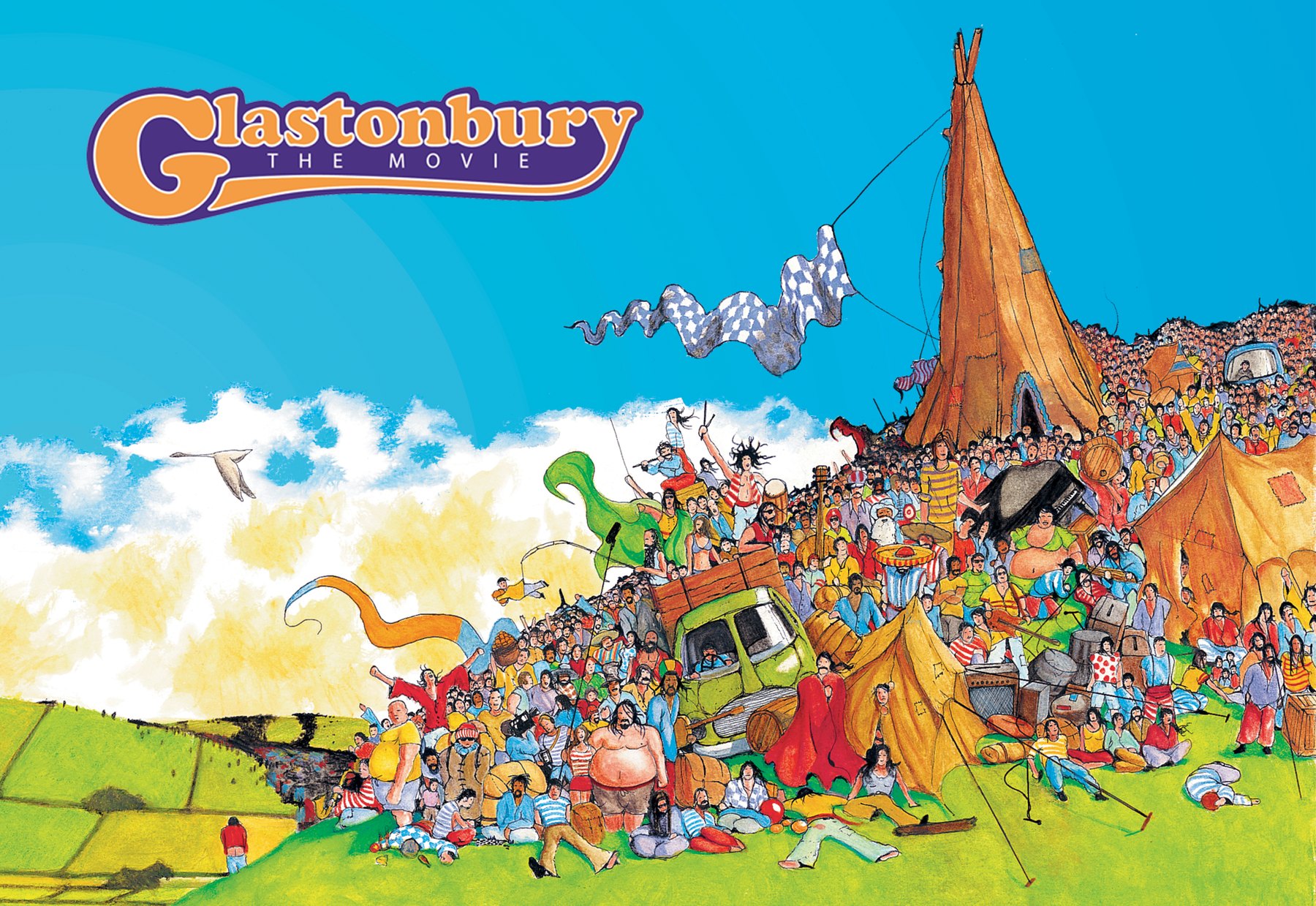 Glastonbury The Movie illustration: a festival crowd round a tipi on a green hill, with the film's title, the cinema holding screen