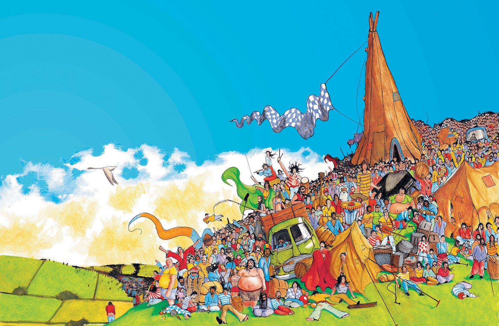Illustration of a festival crowd around a tipi, from Glastonbury The Movie